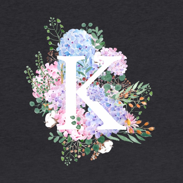botanical monogram alphabet K hydrangea flowers by colorandcolor